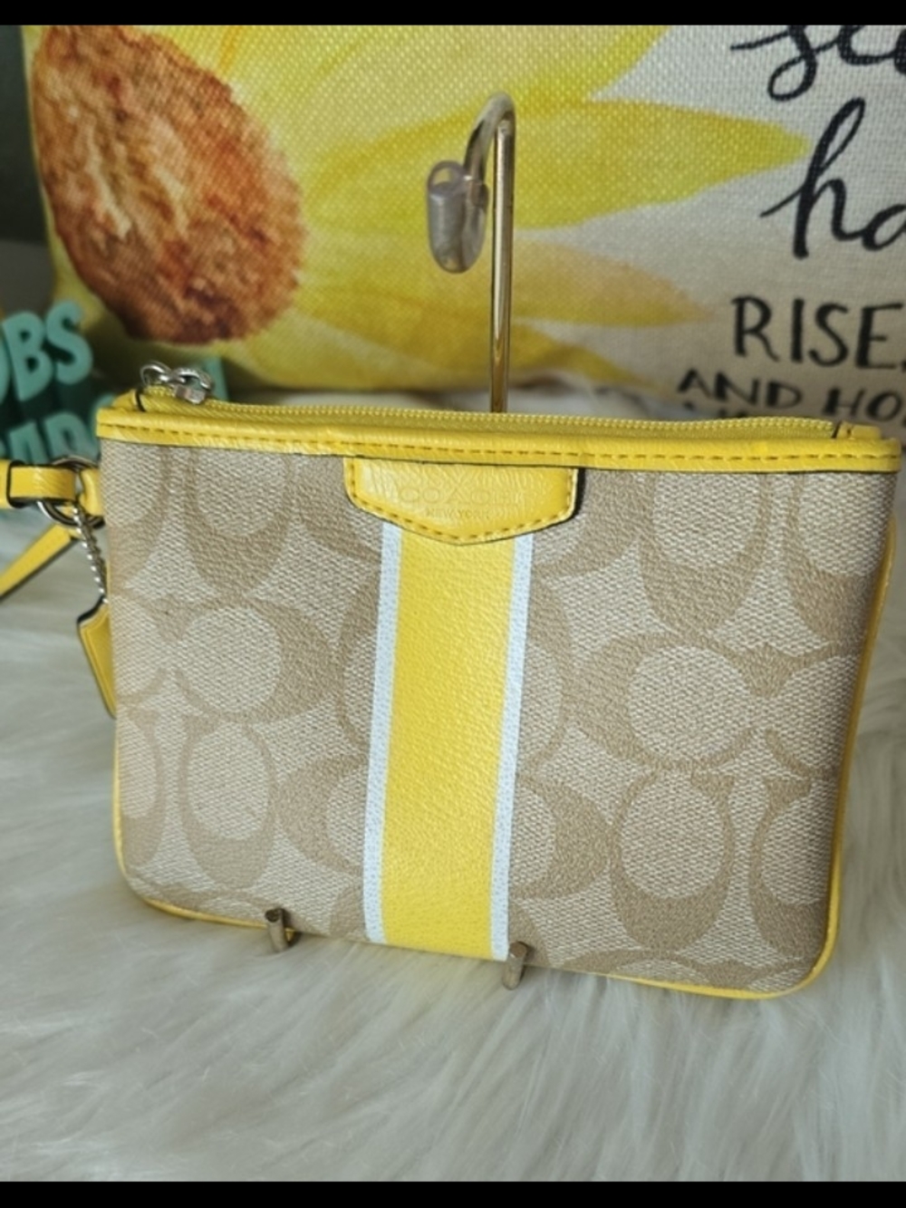 Coach Beige Signature Canvas Wristlet with Yellow Stripe